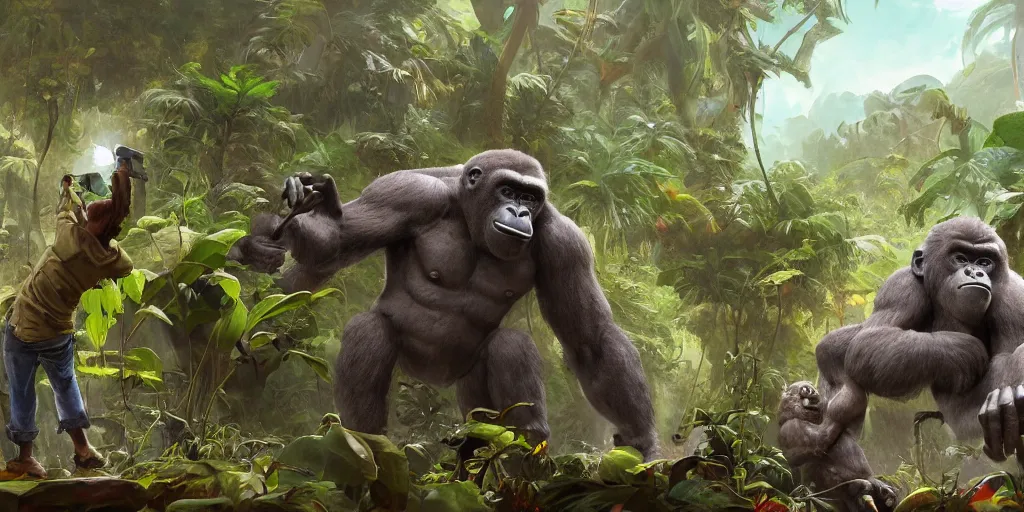 Prompt: explorers finding a big gorilla statue in the jungle, concept art, art station, cg society, game concept, mike azevedo style