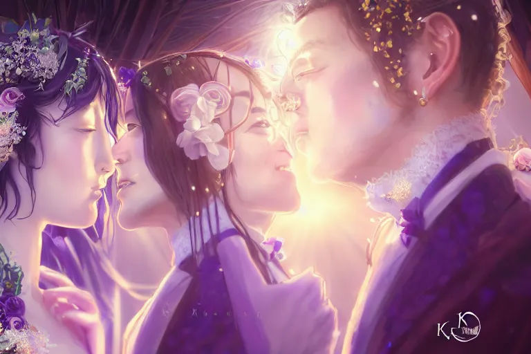 Image similar to a cinematic portrait of wedding photograph jpeg close up moment of a divine a japan sun god and moon goddess lovers magician at a wedding banquet. portraiture. digital painting. artstation. concept art. fantasy wedding photo. digital painting, 8 k realistic, hyper detailed, violet evergarden art masterpiece by art by krenz cushart