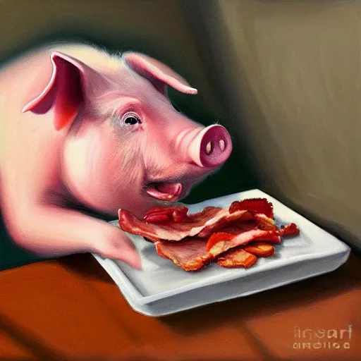 Image similar to a pig eating a rasher of bacon. detailed, realistic, digital painting,