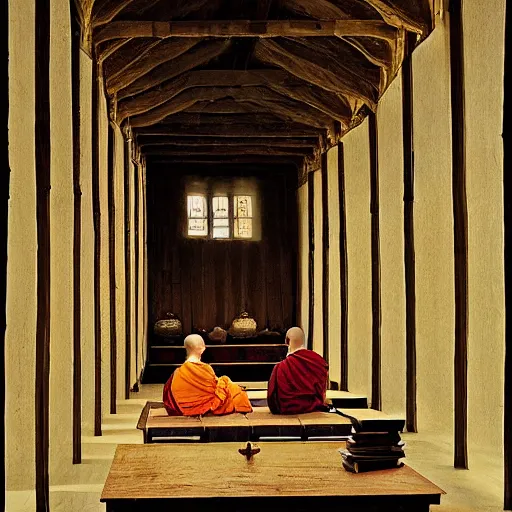 Prompt: Monks who worked on books were known as scriptores and worked in rooms called scriptoriums. The scriptorium was a long room, lit only by the light from the windows, with wooden chairs and writing tables. A monk would sit hunched over these tables, which angled upwards to hold manuscript pages, day after day to complete a work. Candles or oil lamps were not allowed in the scriptorium to maintain the safety of the manuscripts as fire was an obvious and significant threat.