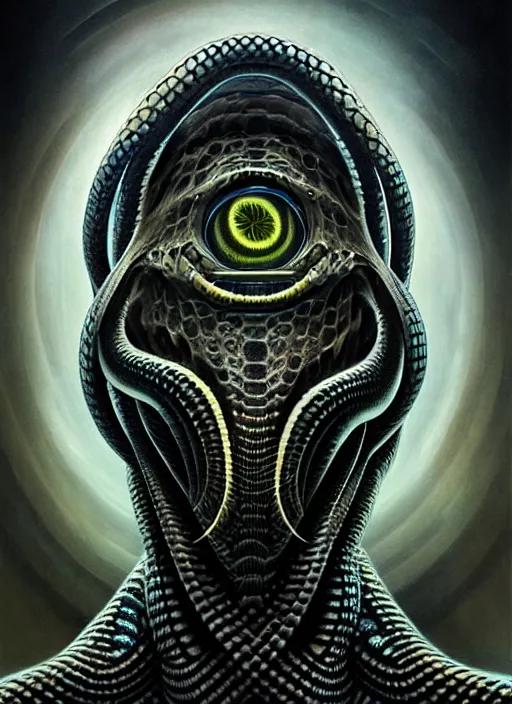 Image similar to lovecraft giger fractal snake portrait, pixar style, by tristan eaton stanley artgerm and tom bagshaw.