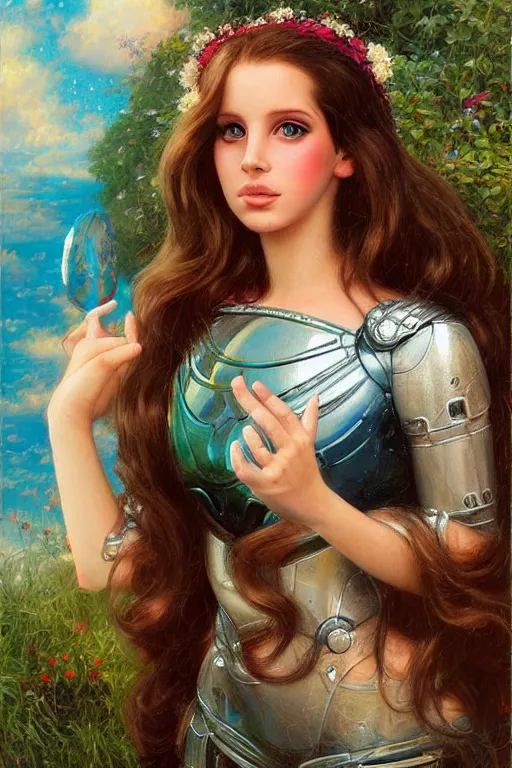 Image similar to cute shiny robot Lana Del Rey look-alike, Lilia Alvarado, Sophie Anderson, Mark Arian, Bob Byerley, Charlie Bowater, Mark Brooks, Steve Henderson, Justin Gerard, Arthur Hughes, Edward Robert Hughes, Mark Keathley, Victor Nizovtsev, Carlos Shwabe, Ross Tran, WLOP