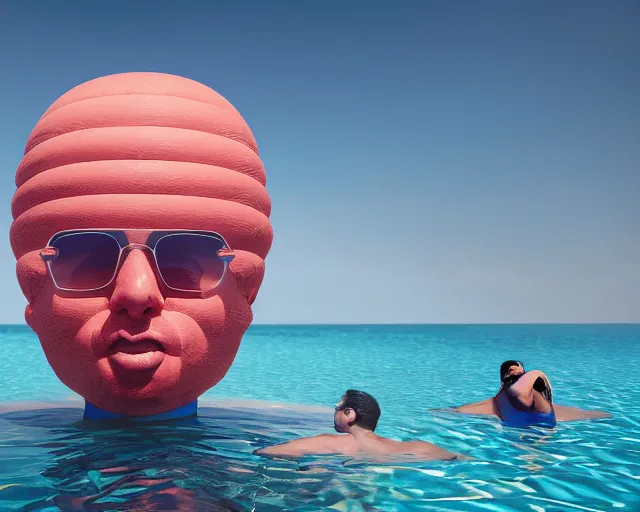 Image similar to a giant sculpture made out of of inflatable pool toys in a human head shape, on the surface of the ocean, in the style of chad knight, long shot, hyper detailed, hyper realistic, ray tracing, 8 k resolution, sharp focus, realistic water, award winning sculpture