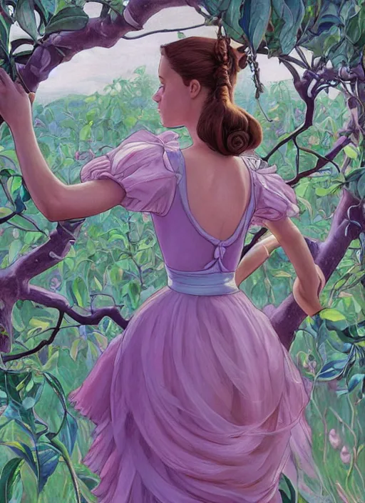 Prompt: well - lit art nouveau portrait of a 1 3 - year old ballet girl wih resembles natalie portman and emily browning acting shy under an apple tree, natural lighting, path traced, highly detailed, high quality, cartoon, digital painting, by don bluth and ross tran and studio ghibli