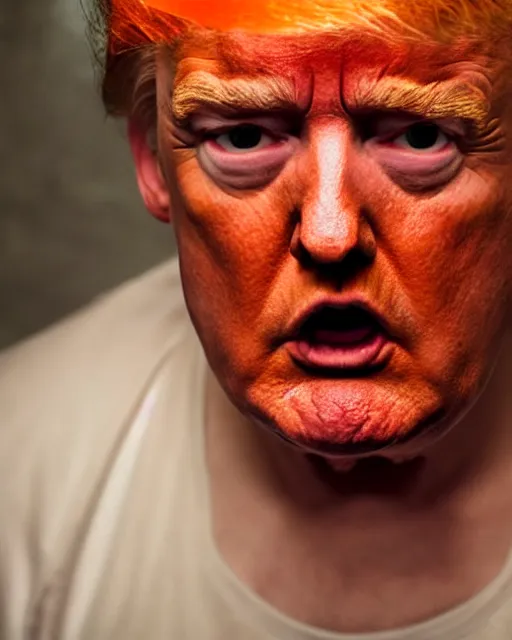 Prompt: closeup portrait of of angry donald trump wearing orange prison pajamas locked up in an prison jail cell, cinematic masterpiece, octane, dramatic lighting, 35mm, very detailed
