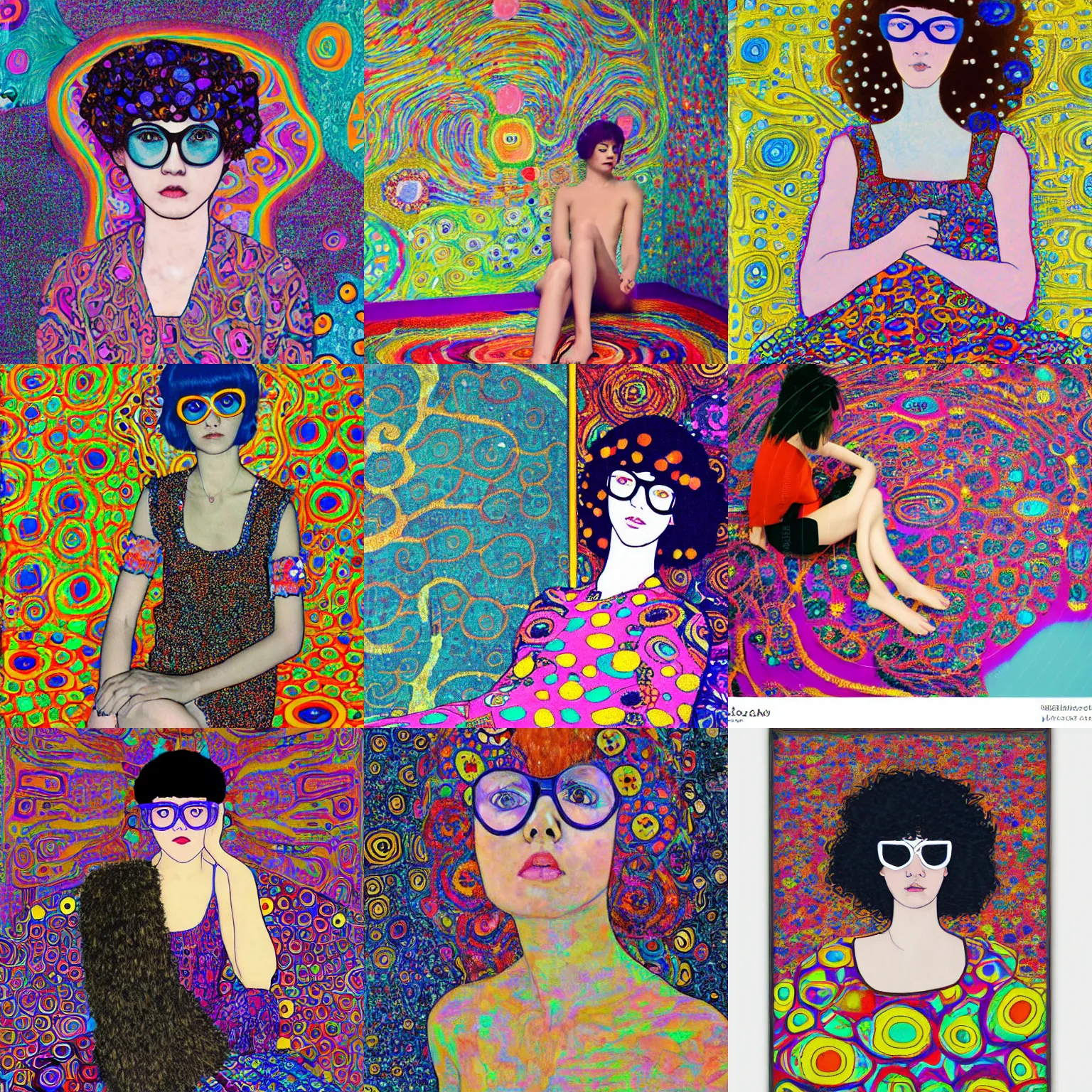 Prompt: klimt style elegant teenage black short shaggy asymetrical haircut and big blue frame glasses girl, dressed in lace, sitting over a colorful and bright trippy victor moscoso floor . lsd colorful bedroom, diary on her hand