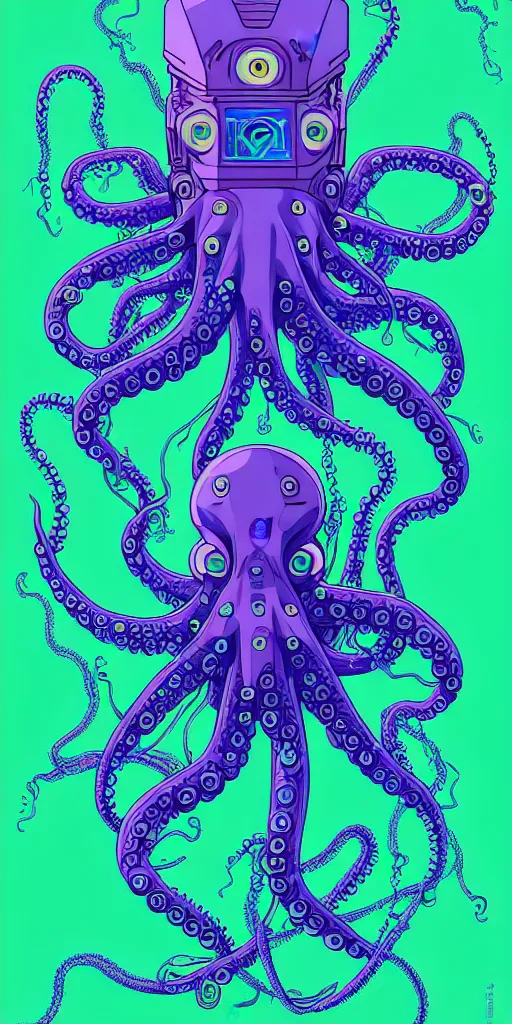 Prompt: robotic cyberpunk octopus by miyazaki, blue green purple color palette, symmetrical poster illustration, kenneth blom, mental alchemy, james jean, pablo amaringo, naudline pierre, contemporary art, hyper detailed