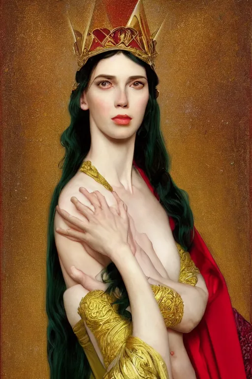 Image similar to Portrait of historically accurate, ancient biblical, pale, slim, shapely, young queen jezebel, wearing gilded red robes, long black hair, green eyes, intricate, elegant, highly detailed, digital painting, artstation, concept art, smooth, sharp focus, illustration, art by artgerm and greg rutkowski and alphonse mucha and andrei riabovitchev