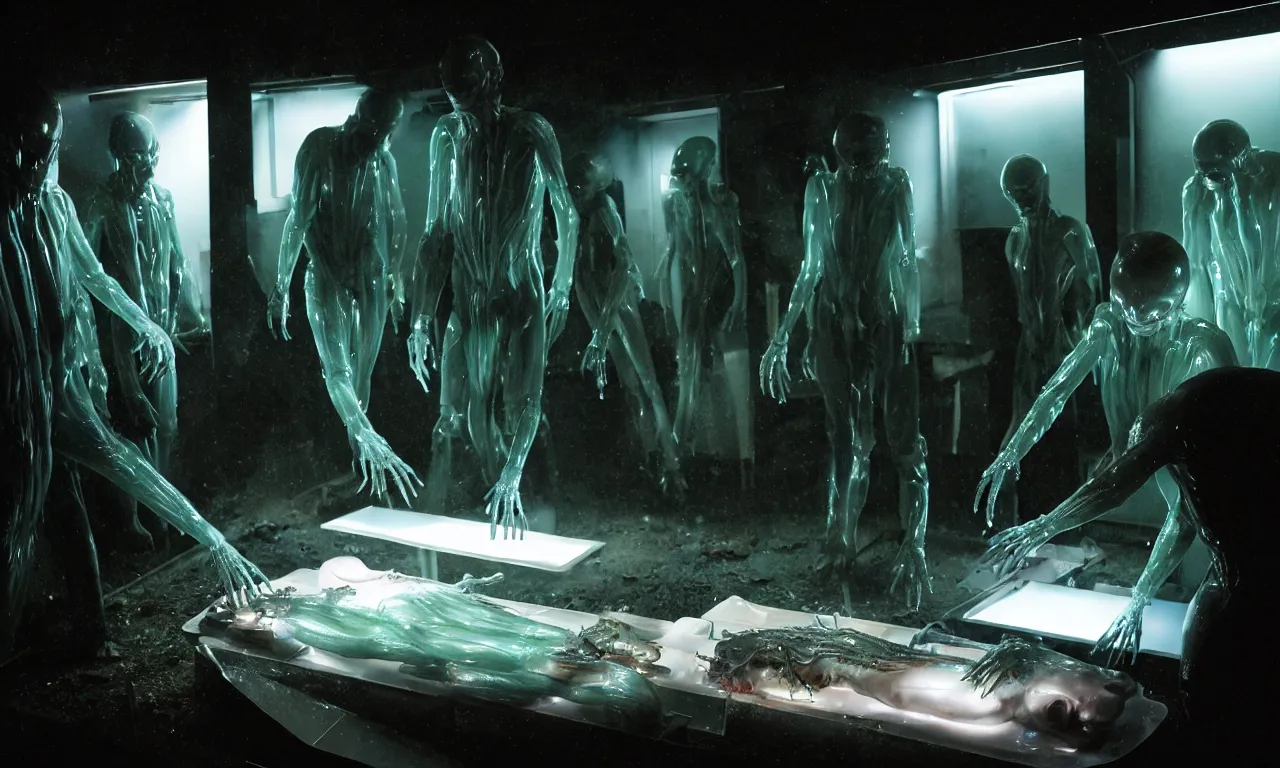 Prompt: wet translucent gills aliens doing autopsy of humanoid, in dark spaceship laboratory, with electric devices, tools, dramatic shadows cast on dirty ground, showcases full of embryos, soft smoke, volumetric lighting, subsurface scattering, dramatic lighting, high detail, from new scifi by digital domain and weta digital, strong ambient occlusion, matrix movie color grading