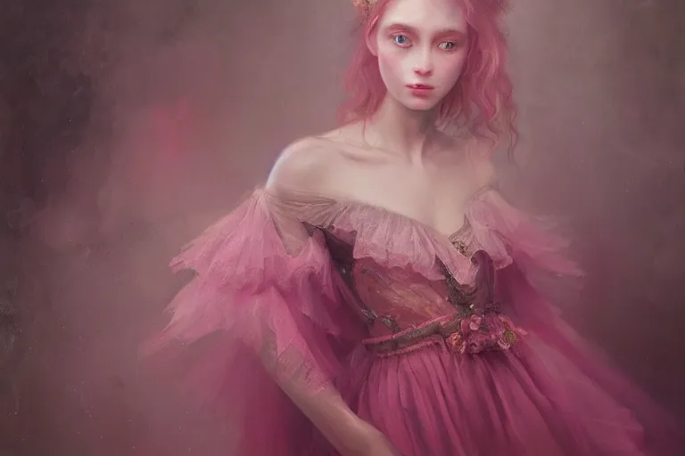 Image similar to A girl in a pink dress in a Gothic atelier, oil painting, detailed, colorful, glowing lighting, 4k, depth of field, in the style of Yanjung Chen and Tom Bagshaw,