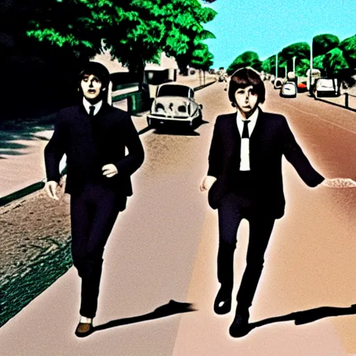 Prompt: the beatles on the run, baby arizona film styling, 8 k higly detailed cinematic lighting, moma museum