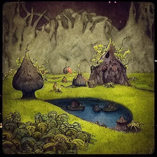 Prompt: “a fairytale landscape with troll creatures and mushroom houses, in the style of John Bauer and wimmelbilder”