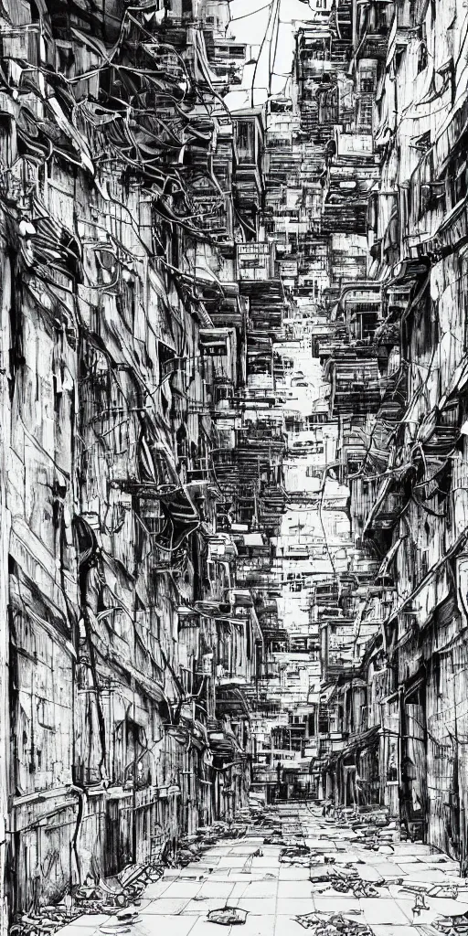 Image similar to abandoned old alleys in hong kong, epic vines, illustration by niko delort, black and white ink