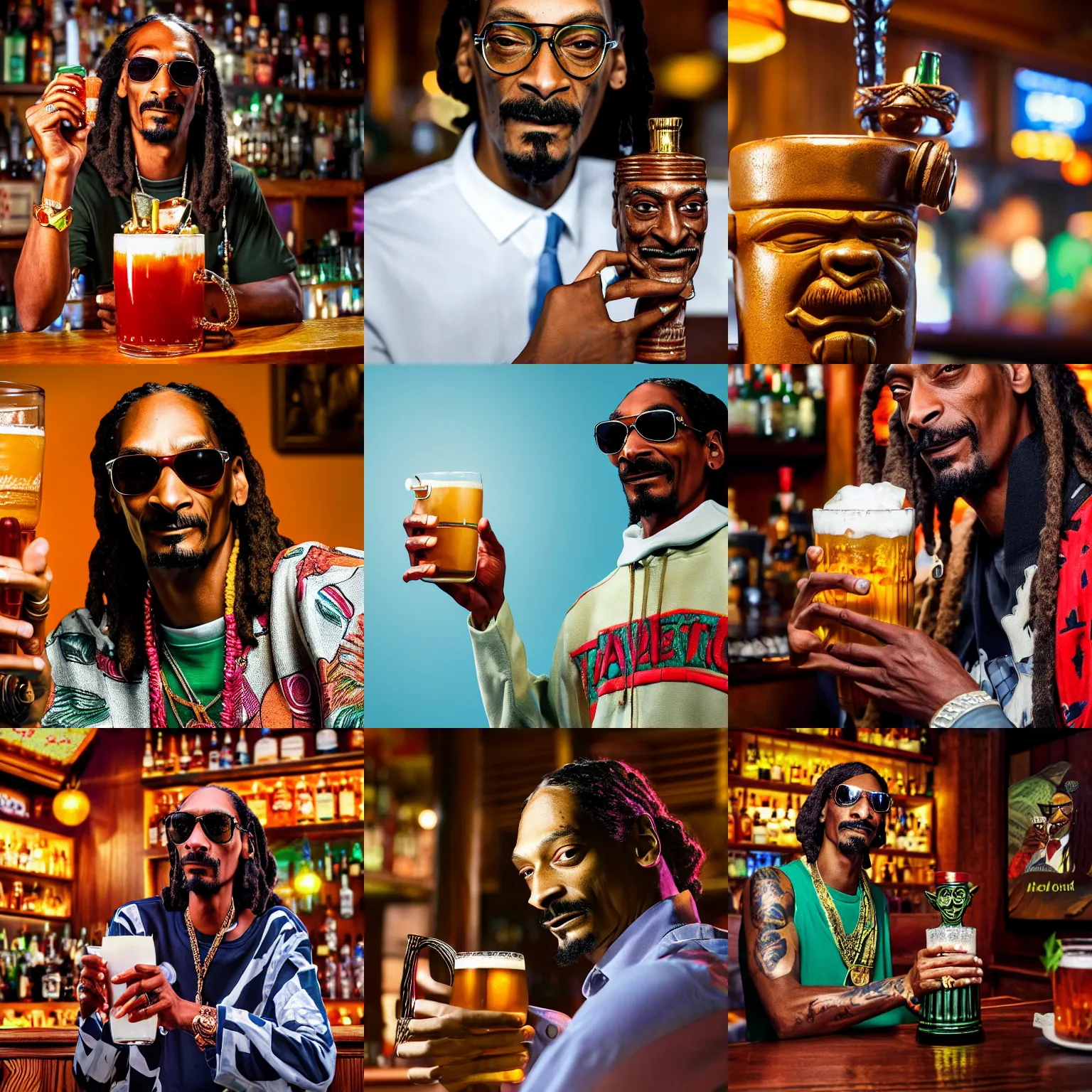 Prompt: a closeup photorealistic photograph of snoop dogg at the trader vic's bar holding a tiki mug that features his face. brightly lit scene. this 4 k hd image is trending on artstation, featured on behance, well - rendered, extra crisp, features intricate detail, epic composition and the style of unreal engine.