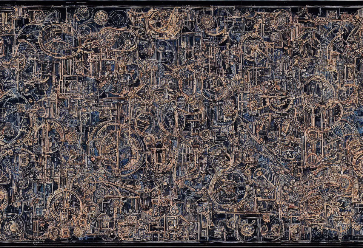 Prompt: blueprint of demonic stemapunk machine from necronomicon, plenty annotations in blood sumerian language, colorfully background, by rutkowsky and gerald brom and frazetta and rembrandt