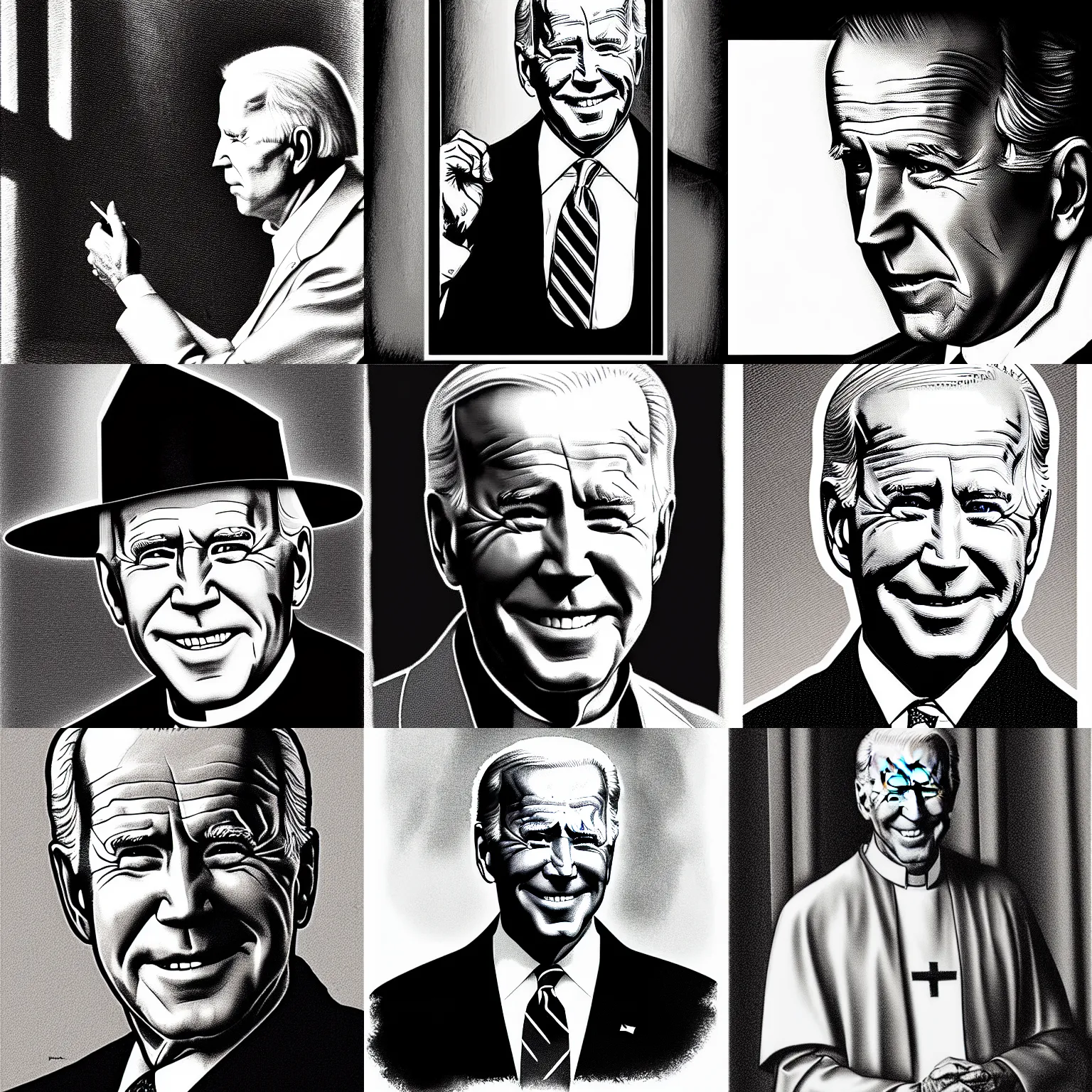 Prompt: pen and ink portrait of a joe biden as a catholic priest, impressive scene. grainy and rough. black and white colour scheme. beautiful artistic detailed digital art
