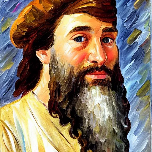 Prompt: portrait of a middle aged medieval nobleman with a long face, long brown hair and a closely - trimmed beard which is beginning to go grey. by leonid afremov