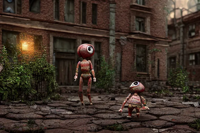 Image similar to Broken ugly toy doll with glowing eyes lying on old courtyard with mud and an old playground between two soviet five-storey overgrown with ivy panel houses, high details, cinematic, 8k resolution, beautiful detailed, insanely intricate details, artstation trending, rule of third, octane render, unreal engine