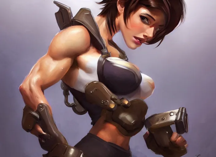 Image similar to portrait of tracer from overwatch as a beautiful female bodybuilder amazon with plump lips, elegant, fantasy, hd shot, digital portrait, beautiful, artstation, comic style, by artgerm, guy denning, jakub rozalski, magali villeneuve and charlie bowater