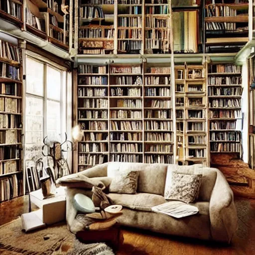 Prompt: dream-like livingroom with a lot of book all around the place, weird atmosphere, very detailed, poor light