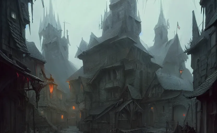 Prompt: epic concept art depicted an old medieval mystic town. art by jakub rebelka & tyler edlin & tomek setowski. dramatic mood, overcast mood, dark fantasy environment. trending on artstation, unreal engine, hyperreal movie shot