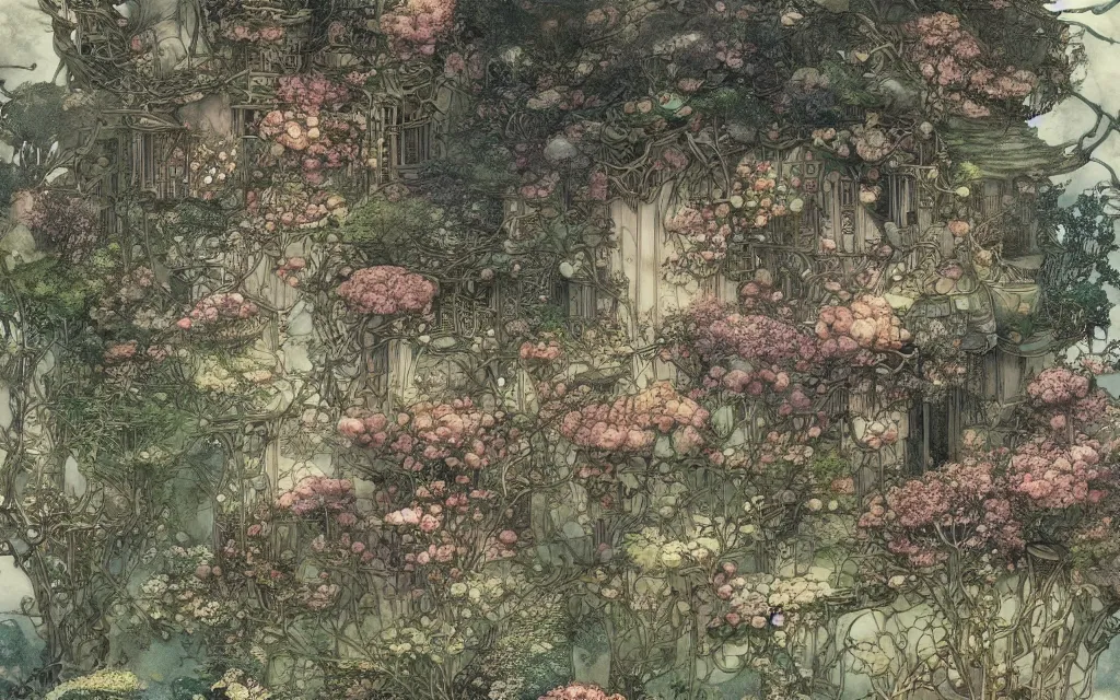 Prompt: a beautiful house in a garden, brian froud, yoshitaka amano, kim keever, victo ngai, james jean. shin - hanga