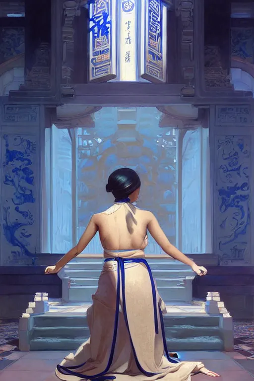 Image similar to temple, taoism, blue tint, painting by greg rutkowski, j. c. leyendecker, artgerm