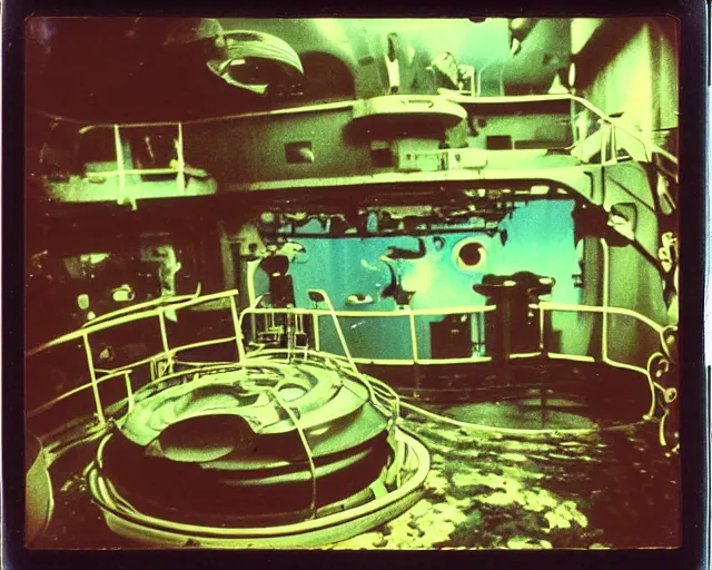 Prompt: wide angle, under water deep sea laboratory, at night, lo fi, polaroid 6 0 0, 1 9 7 5 lightning, vintage science fiction, aquatic plants, colorful swirls of paint, movie set, film noir