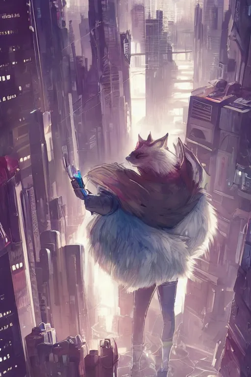 Image similar to a cyberpunk anthropomorphic fox with a fluffy tail staring over a futuristic city from the top of a roof, comic art, trending on furaffinity, cyberpunk, backlighting, cartoon, by kawacy