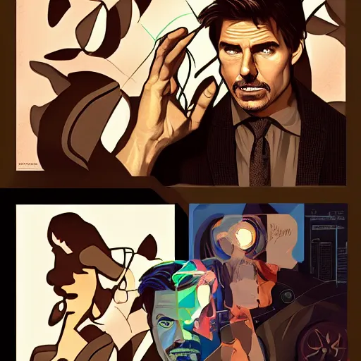 Image similar to Tom Cruise as an affable Tony Stark, ambient lighting, 4k, alphonse mucha, lois van baarle, ilya kuvshinov, rossdraws, artstation