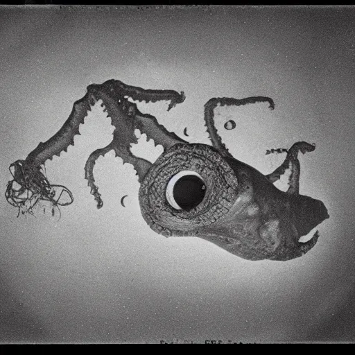 Prompt: a gigantic lovecraftian cyclope emerging from under the ocean, old 3 5 mm ilford black and white, photorealistic