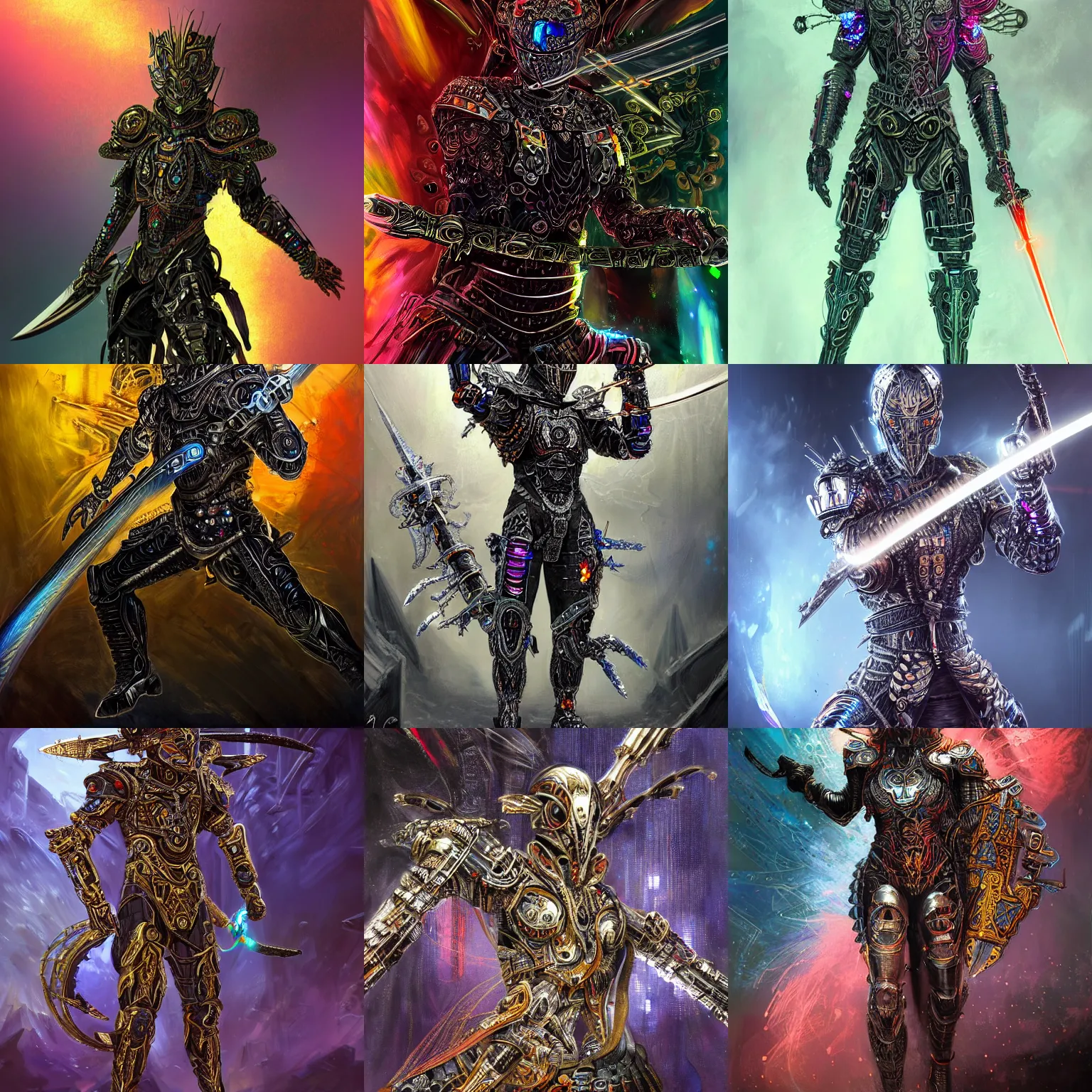 Prompt: A warrior assassin wearing a partially cybernetic intricate body brandishing a powerful sword and flying through the air, concept art, intricate futurism, scifi, intricate black armor encrusted in iridescent microchips and ornate precious colorful crystals, highly detailed elegant cybernetic body, iridescent, vivid colors, omnipotent deity, iridescent glistening smoke, digital painting, gold sparks, artstation, concept art, smooth, sharp focus, illustration, award winning on artstation