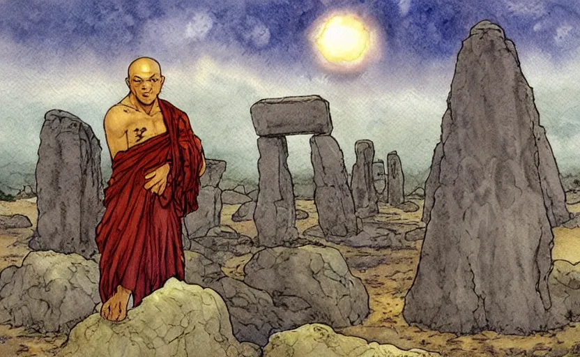 Image similar to a realistic and atmospheric watercolor fantasy concept art of giant monk with a long forehead in grey robes sitting in stonehenge. in the background a ufo is in the sky. by rebecca guay, michael kaluta, charles vess