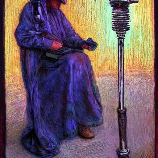 Image similar to A painting. A rip in spacetime. Did this device in his hand open a portal to another dimension or reality?! Lawrence of Arabia, pastel dark by William Holman Hunt, by Travis Louie straight, melancholic