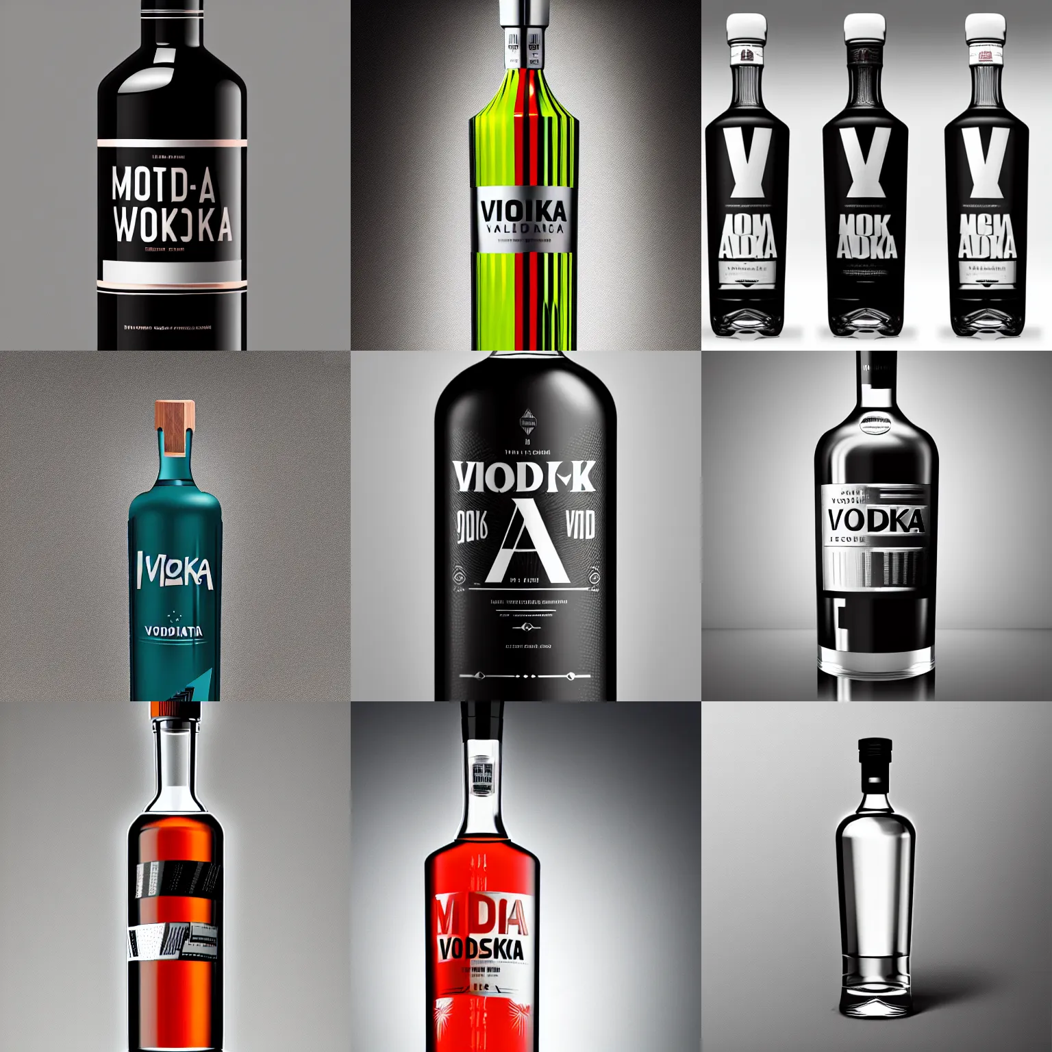 Image similar to a bottle of vodka with modern label design, studio lighting, product shot, thedieline, behance, packaging award