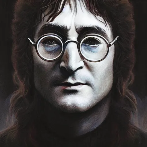 Image similar to Beautiful face Portrait of John Lennon, powerful magic, thunders, dramatic lighting, intricate, wild, highly detailed, digital painting, artstation, concept art, smooth, sharp focus, illustration, art by artgerm and greg rutkowski and alphonse mucha, footage from space camera