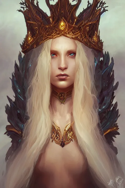 Prompt: stygian strange detailed portrait of a blue eyed, blonde haired crowned queen of summer with light elvish overtones and an arcane halo by kirsi Salonen, asya yoranova and peter mohrbacher trending on artstation