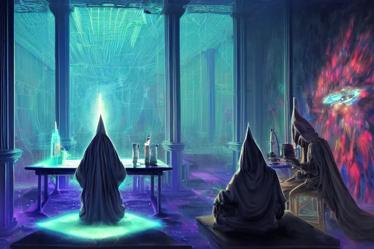 Prompt: a highly detailed beautiful masterpiece painting of a technomancer wizard in robes with pointed hood discussing sentience with his synthesized AI djinn in his laboratory near a computer by Remedios Varo and Anato Finnstark and Greg Rutkowski, dayglo pink, dayglo blue, dazzle camouflage, 8k, trending on ArtStation, rendered in Octane, volumetric lighting