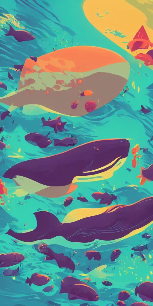 Prompt: cursed multicolored underwater environment with a whale, tom whalen, james gilleard, liam brazier, tristan eaton