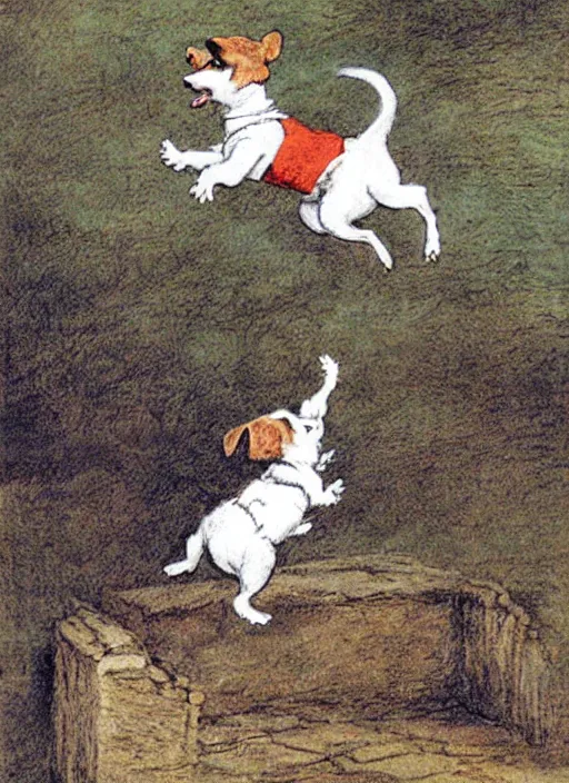 Prompt: jack russel terrier jumping from the ground over a short wall, illustrated by peggy fortnum and beatrix potter and sir john tenniel