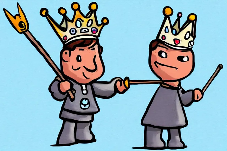 Image similar to cartoon bean holding a staff, wearing kings crown, digital art,