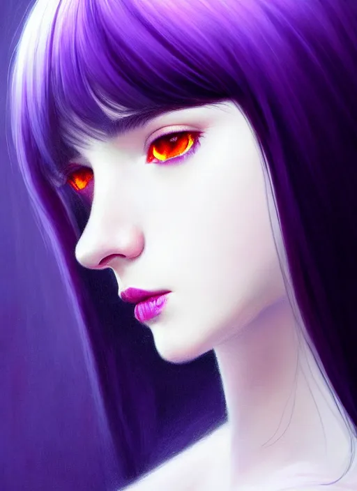 Image similar to portrait of teenage girl with white bangs, red irises, black hair, purple clothes, white bangs, bangs are different color from hair, intricate, front of hair is white rest is black, elegant, glowing lights, highly detailed, digital painting, artstation, concept art, smooth, sharp focus, illustration, art by wlop, mars ravelo and greg rutkowski