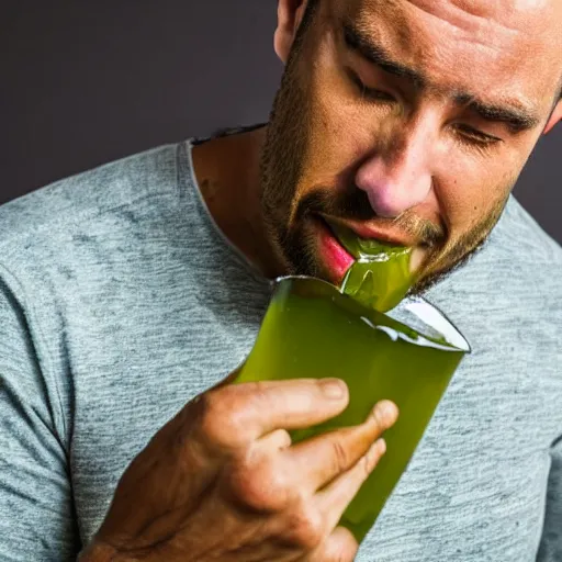 Prompt: closeup of a man tasting a stinking old green cheese driping green blood