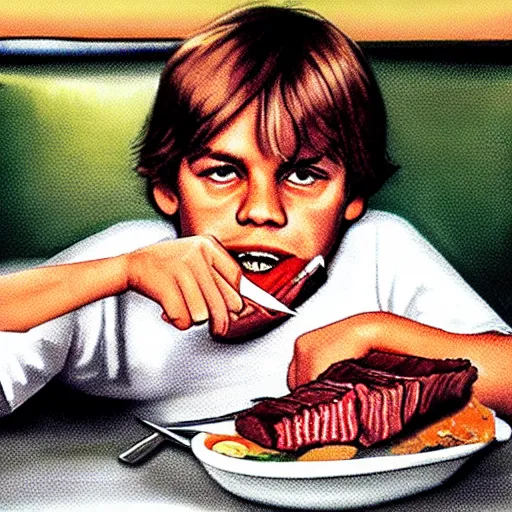 Image similar to portrait young luke skywalker sitting at a denny's restaurant eating a steak covered in ketchup