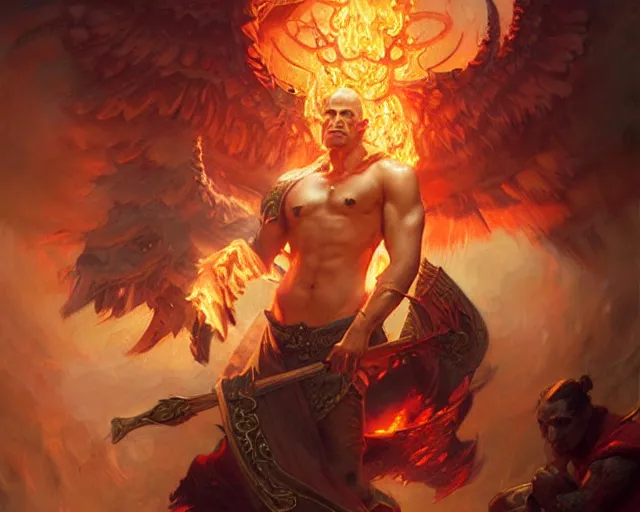 Image similar to handsome tattooed gym fire mage firebreath magic spell vfx, diagonal spell vfx, fantasy game spell, fantasy epic painting by artgerm, gaston bussiere, craig mullins, j. c. leyendecker, tom of finland