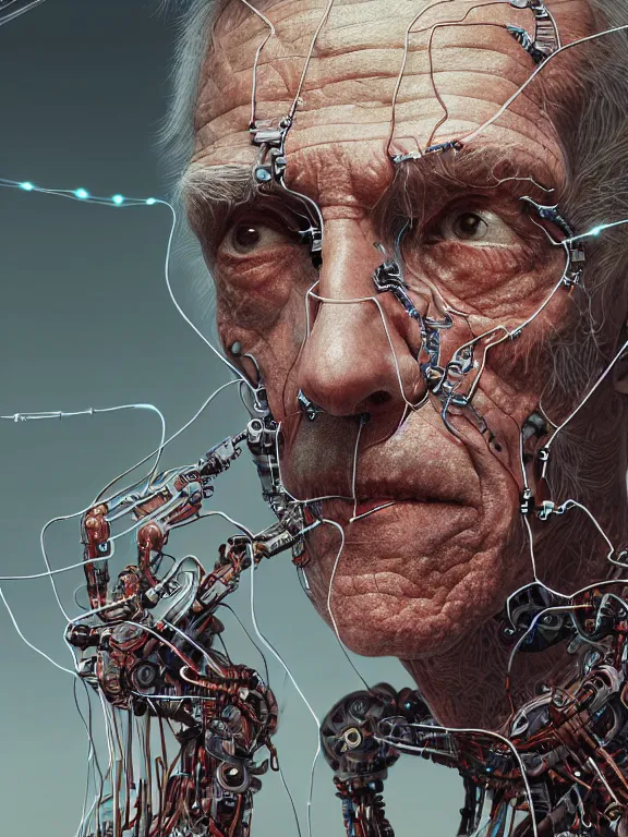 Image similar to portrait of old man, skin peeling to reveal robotic circuitry, wires, art by ryo shiotani and greg rutkowski, intricate, beautiful, portrait photography, cinematic lighting, vintage art by serge ivanoff, high resolution, very detailed