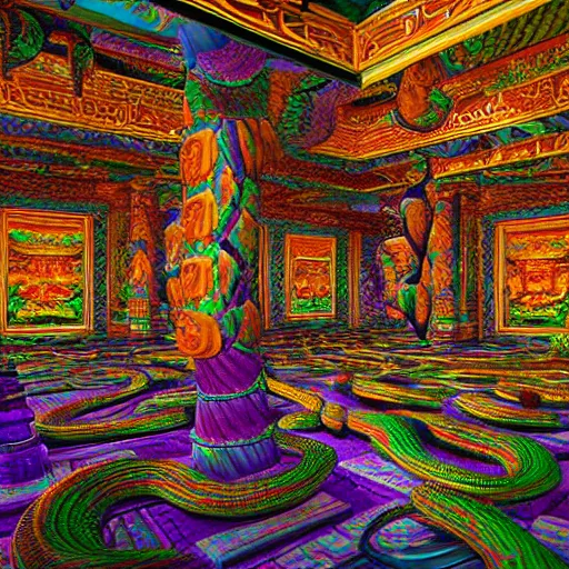 Prompt: Photorealistic inside a temple made of snakes. Hyperdetailed photorealism, 108 megapixels, amazing depth, glowing rich colors, powerful imagery, Psychedelic Overtones, Crisp, Clean image, mostly black purple and teal