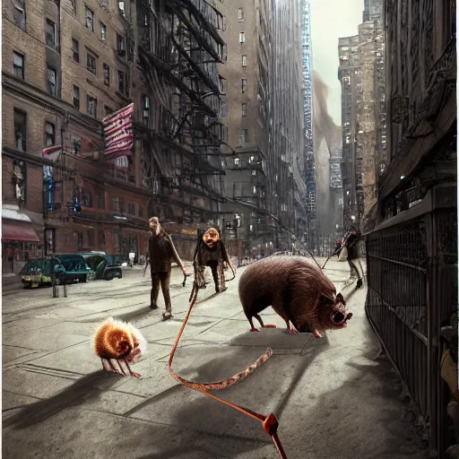 Image similar to Stunning Hyperealistic portrait of Giant Dishonored enormous furry rats walking humans on a leash in the city of New York.