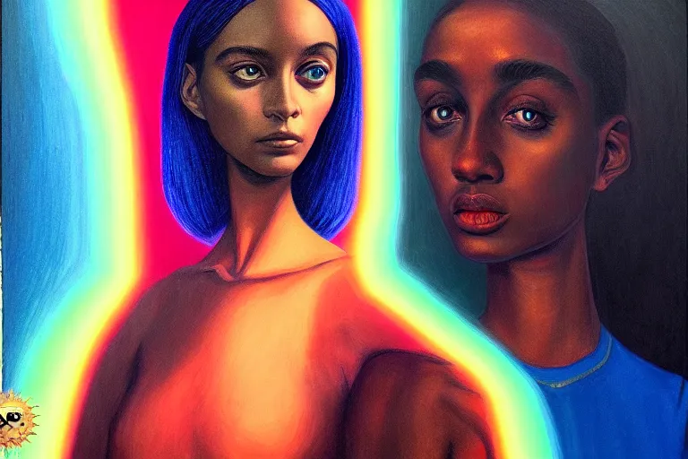 Image similar to patron saint of 🛸🌈👩🏾, futuristic clothing, neon god of city character portrait, in the style of margaret keane, moebius, tom bagshaw, and waterhouse, cinematic lighting, beautiful, elegant, oil painting,