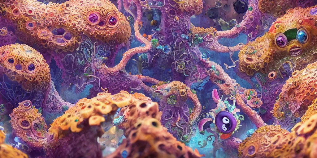 Image similar to of an intricate sea reef with strange cute friendly happy creatures with huge eyes, mouth, long tongue, round teeth and goofy face, appearing from the background, in the style of gehry and gaudi, macro lens, shallow depth of field, ultra detailed, digital painting, trending artstation, concept art, illustration, cinematic lighting, photorealism, epic, octane render